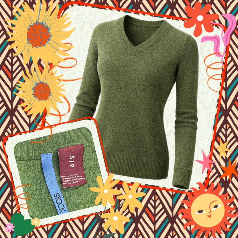 Authentic Y2K 2001 STØCK Olive Green V Neck Sweater Size S Vintage